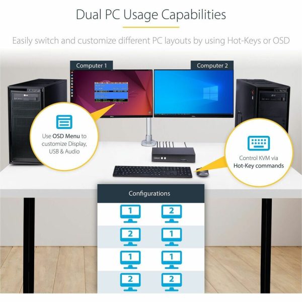 StarTech.com 2-Port Dual-Monitor DisplayPort KVM Switch, RS232 Serial Control, 4K 60Hz, 2x USB 5Gbps Hub Ports, TAA Compliant - Image 3