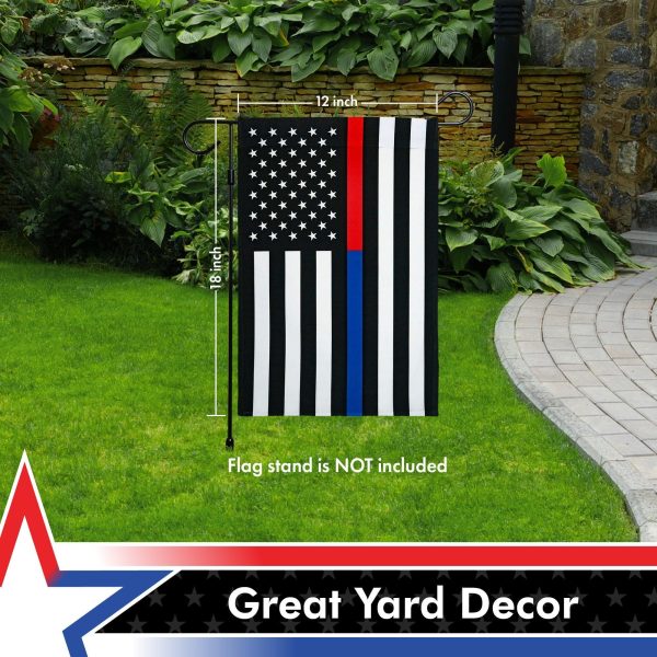 G128 Thin Blue Line Police & Thin Red Line Firefighter American Flag Garden Flag | 12x18 Inch | Printed 150D Polyester - Honoring Law Enforcement Officers First Responder Outdoor Flag - Image 6