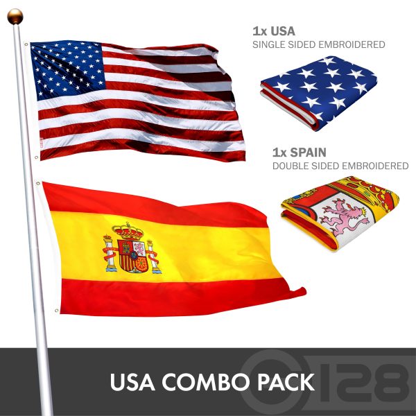 G128 Combo Pack: USA American Flag 3x5 Ft Embroidered Stars & Spain (Spanish) Flag 3x5 Ft Double-sided Embroidered 210D - Image 2