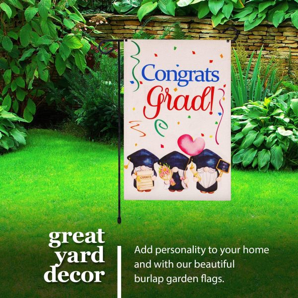 G128 Combo Pack: Garden Flag Stand Black 36 in x 16 in & Garden Flag Congrats Grad Decoration Three Gnomes Graduating 12"x18" Double-Sided Burlap Fabric - Image 6
