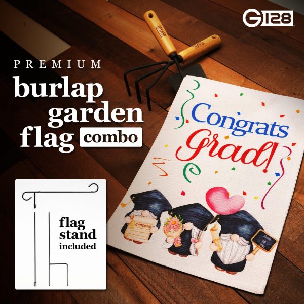 G128 Combo Pack: Garden Flag Stand Black 36 in x 16 in & Garden Flag Congrats Grad Decoration Three Gnomes Graduating 12"x18" Double-Sided Burlap Fabric - Image 7