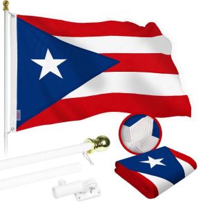 G128 Combo Pack: 6 Ft Tangle Free Spinning Flagpole (White) & Puerto Rico Flag 3x5 Ft Embroidered 220GSM Spun Polyester, Brass Grommets (Flag Included) Aluminum Flag Pole