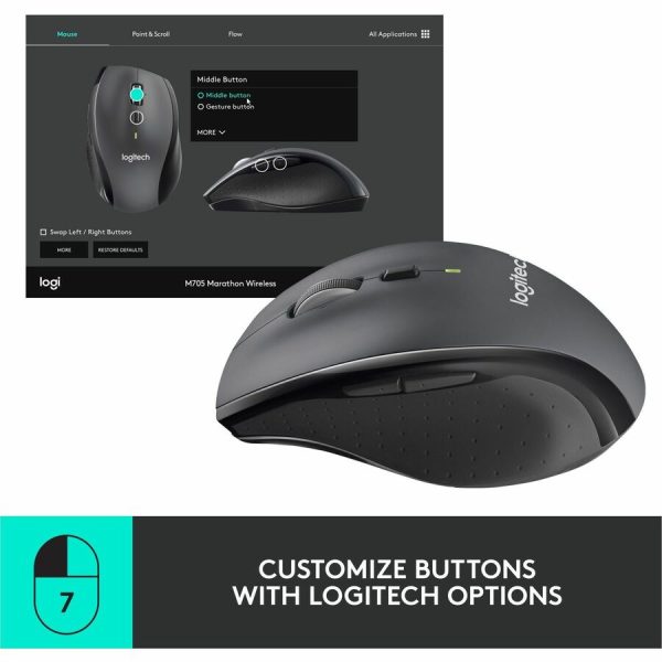 Logitech M705 Marathon Wireless Mouse, 2.4 GHz USB Unifying Receiver, 1000 DPI, 5-Programmable Buttons, Black - Image 4