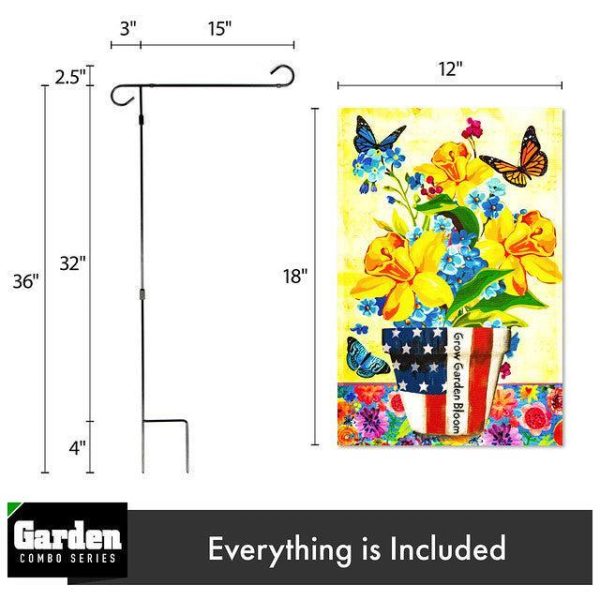 G128 Combo Pack: Garden Flag Stand Black 36x16 Inch & Garden Flag Garden Spring Bloom USA Flower Pot with Butterflies 12x18 Inch - Image 2