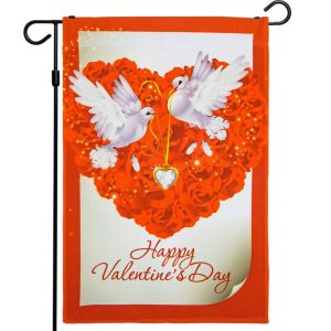 G128 - Valentine's Day Garden Flag, Valentine Themed Decorations - Doves in Love,  | 12x18 Inch | Printed 150D Polyester - Rustic Holiday Seasonal Outdoor Flag