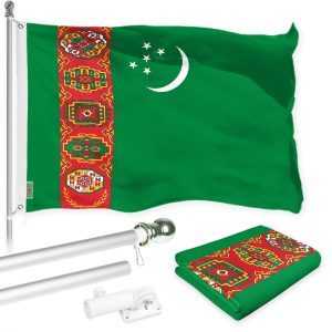 G128 Combo Pack: 6 Ft Tangle Free Spinning Flagpole (Silver) & Turkmenistan Flag 3x5 Ft Printed 150D Polyester, Brass Grommets (Flag Included) Aluminum Flag Pole