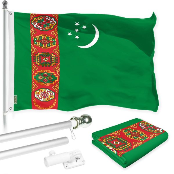 G128 Combo Pack: 6 Ft Tangle Free Spinning Flagpole (Silver) & Turkmenistan Flag 3x5 Ft Printed 150D Polyester, Brass Grommets (Flag Included) Aluminum Flag Pole
