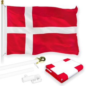 G128 Combo Pack: 6 Feet Tangle Free Spinning Flagpole (White) Denmark Danish Flag 3x5 ft Printed 150D Brass Grommets (Flag Included) Aluminum Flag Pole