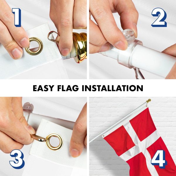 G128 Combo Pack: 6 Feet Tangle Free Spinning Flagpole (White) Denmark Danish Flag 3x5 ft Printed 150D Brass Grommets (Flag Included) Aluminum Flag Pole - Image 7