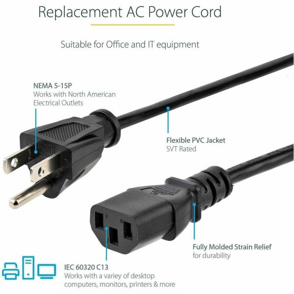 StarTech.com 10ft (3m) Computer Power Cord, NEMA 5-15P to C13, 10A 125V, 18AWG, Black Replacement AC PC Power Cord, TV/Monitor Power Cable - Image 3