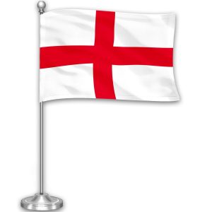 G128 England English Deluxe Desk Flag Set | 8.5x5.5 In | Printed 300D Polyester, with Silver Dome and Base, 15" Metal Pole, Decorations For Office, Home and Festival Events Celebration