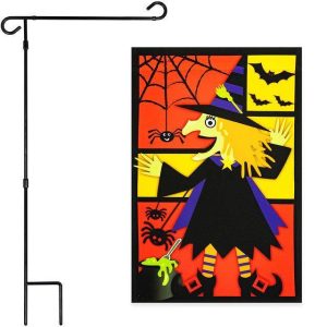 G128 Combo Pack: Garden Flag Stand Black 36x16 Inch & Garden Flag Witch Bats Spiders 12x18 Inch