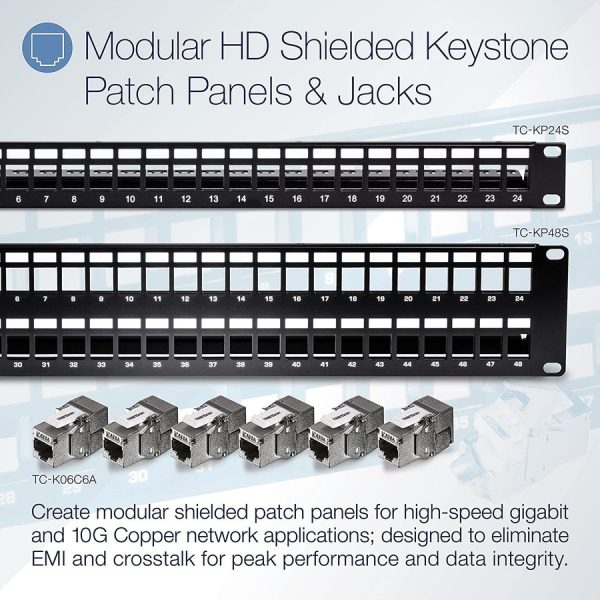 TRENDnet 24-Port Blank Keystone Shielded 1U Patch Panel, 1U 19" Rackmount Housing, Protects Against EMI/RFI Noise, Recommended With TC-K06C6A Cat6A Keystone Jacks (Sold Separately), Black, TC-KP24S - Image 8
