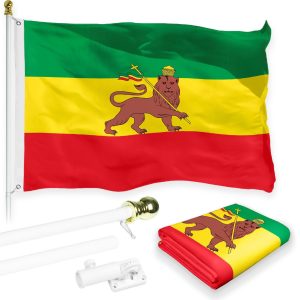 G128 Combo Pack: 6 Feet Tangle Free Spinning Flagpole (White) Ethiopia Ethiopian Flag 3x5 ft Printed 150D Brass Grommets (Flag Included) Aluminum Flag Pole