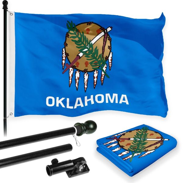 G128 Combo Pack: 6 Feet Tangle Free Spinning Flagpole (Black) Oklahoma OK State Flag 3x5 ft Printed 150D Brass Grommets (Flag Included) Aluminum Flag Pole