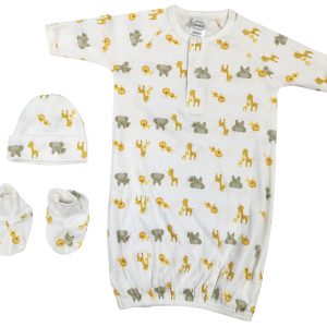 Newborn Baby Boy, Baby Girl, Unisex Infant Gown, Caps, Booties - 3 Pc Set  Nc_0252