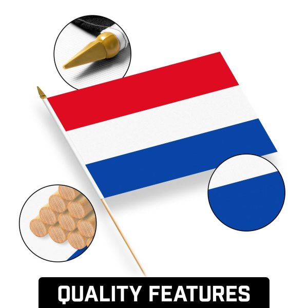 G128 50 Pack Handheld Netherlands Dutch Stick Flags | 12x18 In | Printed 150D Polyester, Country Flag, Solid Wooden Stick, Spear Gold Tip - Image 8
