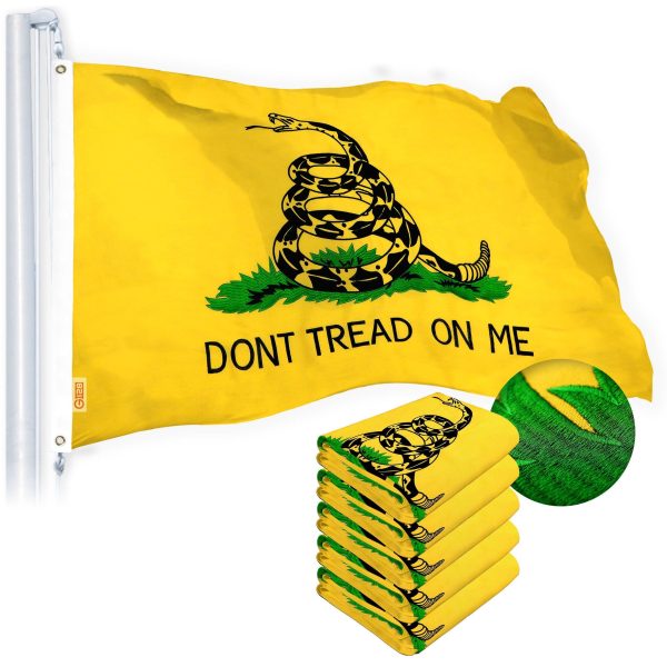 G128 Dont Tread on Me (Gadsden) Flag 2x3 feet 5-Pack Heavy Duty Spun Polyester 220GSM Embroidered “ Tough, Durable, Indoor/Outdoor, Vibrant Colors, Brass Grommets