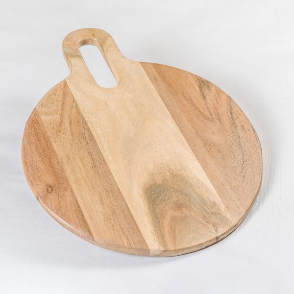 The Fine Living Co. Round Serveware Board with Handle Charcuterie Boards Acacia Wood 0.6  Thick Board Bread Board for Serving Meat Cheese Pizza Peel Food grade 15  × 12  Natural Pale
