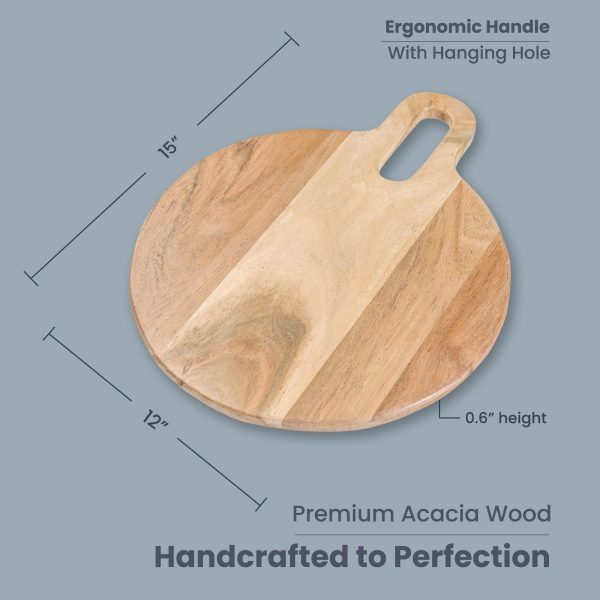 The Fine Living Co. Round Serveware Board with Handle Charcuterie Boards Acacia Wood 0.6  Thick Board Bread Board for Serving Meat Cheese Pizza Peel Food grade 15  × 12  Natural Pale - Image 2