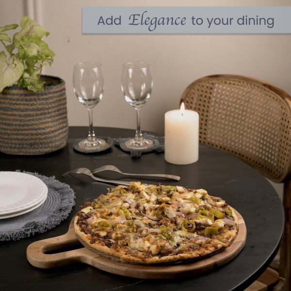The Fine Living Co. Round Serveware Board with Handle Charcuterie Boards Acacia Wood 0.6  Thick Board Bread Board for Serving Meat Cheese Pizza Peel Food grade 15  × 12  Natural Pale - Image 3