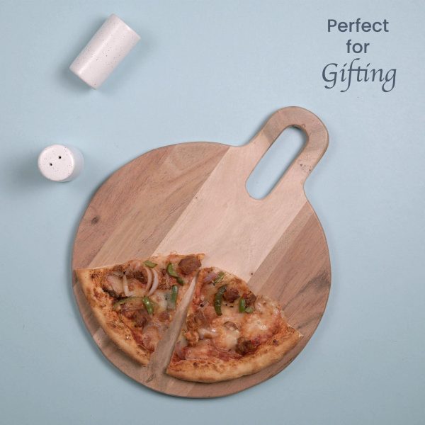 The Fine Living Co. Round Serveware Board with Handle Charcuterie Boards Acacia Wood 0.6  Thick Board Bread Board for Serving Meat Cheese Pizza Peel Food grade 15  × 12  Natural Pale - Image 5