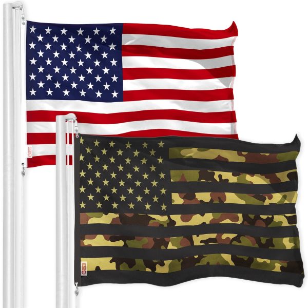 G128 Combo Pack: American USA Flag 150D 3x5 Ft & American USA Camouflage Flag 300D 3x5 Ft | Both LiteWeave Pro Series Printed Polyester, Brass Grommets