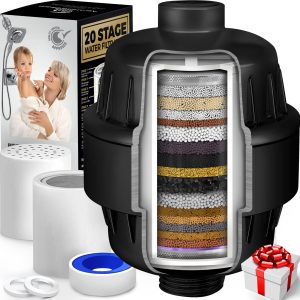 20 Stage Shower Head Filter with Vitamin C E A for Hard Water   High Output Filter to Remove Chlorine and Fluoride   2 Replacement Cartridges   Consistent Flow Showerhead Filter