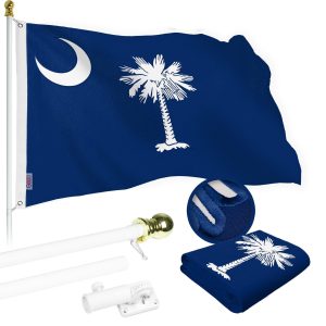 G128 Combo Pack: 5 Ft Tangle Free Spinning Flagpole (White) & South Carolina Flag 2x3 Ft Embroidered 220GSM Spun Polyester, Brass Grommets (Flag Included) Aluminum Flag Pole