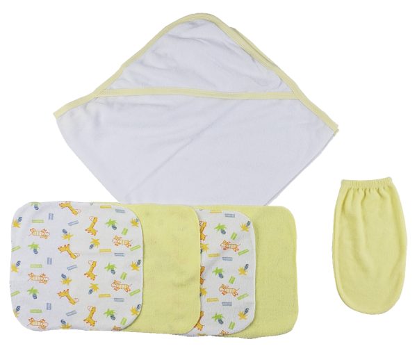 Yellow Hooded Towel, Washcloths And Hand Washcloth Mitt - 6 Pc Set  Cs_0008