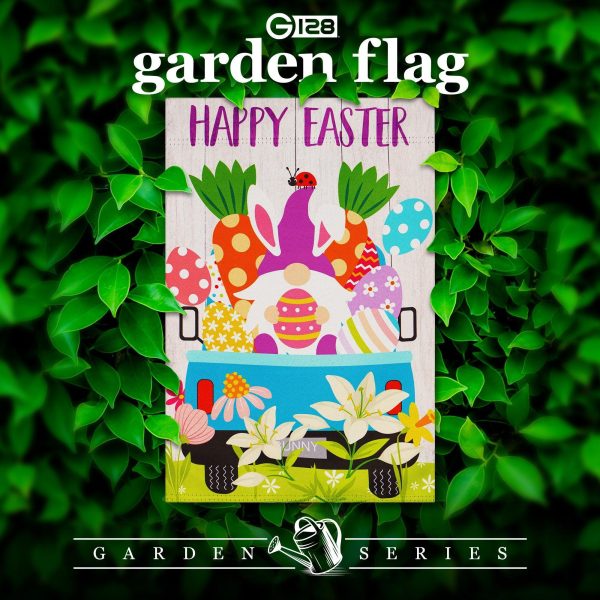 G128 Garden Flag Happy Easter Rabbit Gnome in Truck 12"x18" Blockout Fabric - Image 2