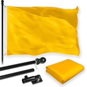 G128 Combo Pack: 5 Ft Tangle Free Aluminum Spinning Flagpole (Black) & Solid Golden Yellow Color Flag 2x3 Ft, LiteWeave Pro Series Printed 150D Polyester | Pole with Flag Included