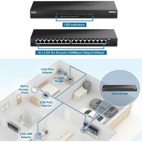 TRENDnet 16-Port Unmanaged 2.5G Desktop Network Ethernet Switch, TEG-S3160, 16 x 2.5Gb RJ-45 Ports, 80Gbps Switching Capacity, NDAA TAA Compliant, Lifetime Protection, Black - Image 5