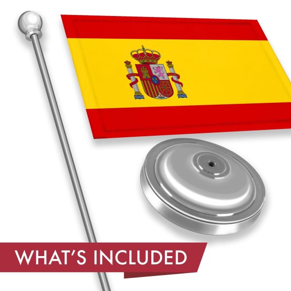G128 Spain Spanish Deluxe Desk Flag Set | 8.5x5.5 In | Printed 300D Polyester, with Silver Dome and Base, 15" Metal Pole, Decorations For Office, Home and Festival Events Celebration - Image 2