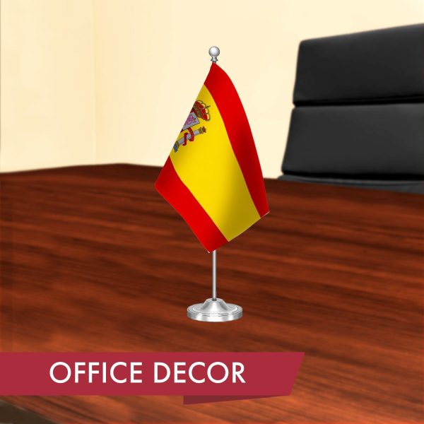 G128 Spain Spanish Deluxe Desk Flag Set | 8.5x5.5 In | Printed 300D Polyester, with Silver Dome and Base, 15" Metal Pole, Decorations For Office, Home and Festival Events Celebration - Image 4