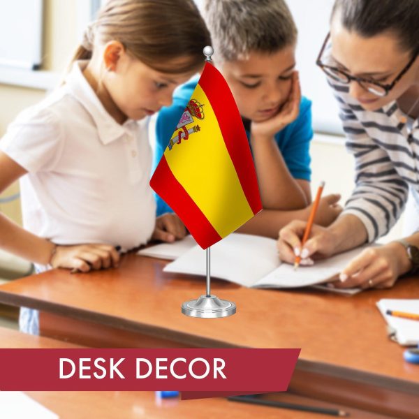 G128 Spain Spanish Deluxe Desk Flag Set | 8.5x5.5 In | Printed 300D Polyester, with Silver Dome and Base, 15" Metal Pole, Decorations For Office, Home and Festival Events Celebration - Image 5