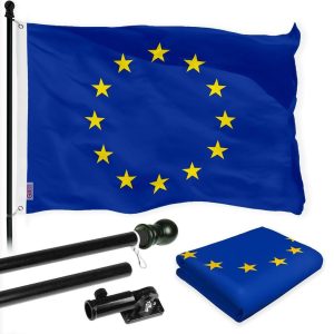 G128 Combo Pack: 6 Ft Tangle Free Spinning Flagpole (Black) & European Union Flag 3x5 Ft Printed 150D Polyester, Brass Grommets (Flag Included) Aluminum Flag Pole