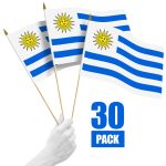 G128 30 Pack Handheld Uruguay Uruguayan Stick Flags | 12x18 In | Printed 150D Polyester, Country Flag, Solid Wooden Stick, Spear Gold Tip