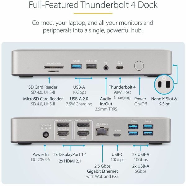 StarTech.com Thunderbolt 4 Multi-Display Docking Station, Quad/Triple/Dual Monitor Dock, 2x HDMI/2x DP, 7x USB Hub, 2.5Gb Ethernet, 98W PD - Image 3