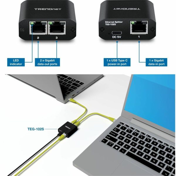 TRENDnet 2-Port Gigabit Splitter with USB Type C Power, TEG-102S, Splits One Network Connection Into Two, USB Type C Power Cable Included, NDAA & TAA Compliant - Image 8