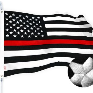 G128 - Thin Red Line Flag Embroidered 2.5x4 FT Heavy Duty 220GSM Tough Spun Polyester U.S. American Flag Brass Grommets Honoring Fire Fighters and EMTs Black White and Red US Flag