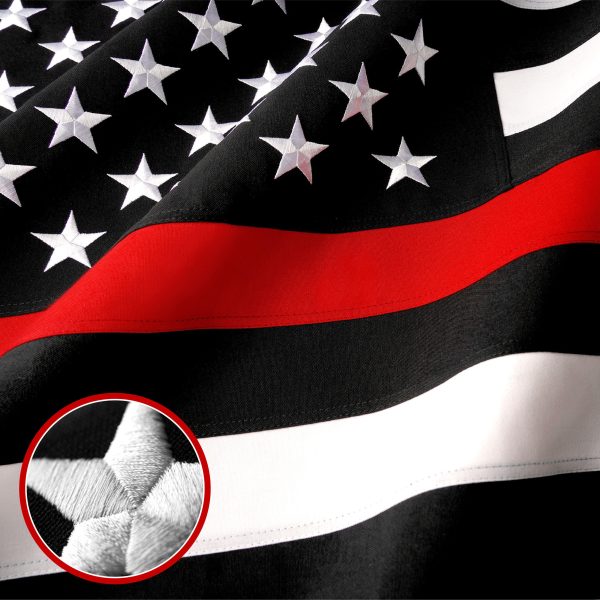 G128 - Thin Red Line Flag Embroidered 2.5x4 FT Heavy Duty 220GSM Tough Spun Polyester U.S. American Flag Brass Grommets Honoring Fire Fighters and EMTs Black White and Red US Flag - Image 2