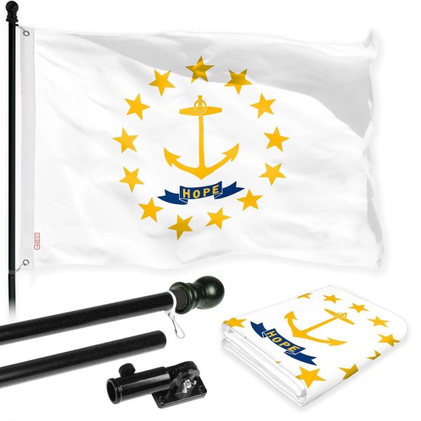 G128 Combo Pack: 6 Ft Tangle Free Spinning Flagpole (Black) & Rhode Island Flag 3x5 Ft Printed 150D Polyester, Brass Grommets (Flag Included) Aluminum Flag Pole