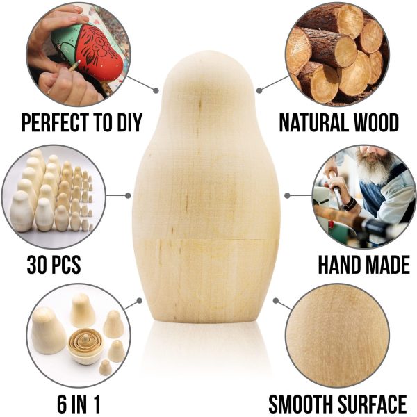 AEVVV Blank Russian Nesting Dolls Lot of 5 Sets by 6 pcs   Unpainted Russian Nesting Dolls   Unfinished Wood to Paint   Russian Nesting Dolls to Paint - Image 3