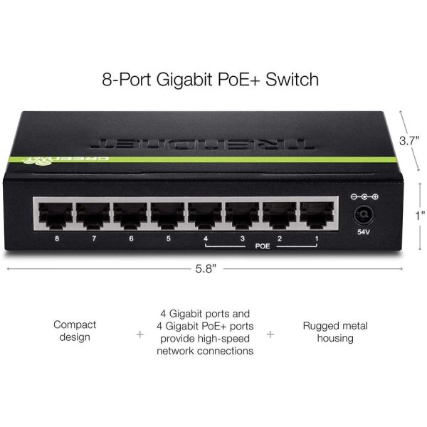 TRENDnet 8-Port Gigabit GREENnet PoE+ Switch, 4 x Gigabit PoE-PoE+ Ports, 4 x Gigabit Ports, 61W Power Budget, 16 Gbps Switch Capacity, Ethernet Unmanaged Switch, Lifetime Protection, Black, TPE-TG44G - Image 6