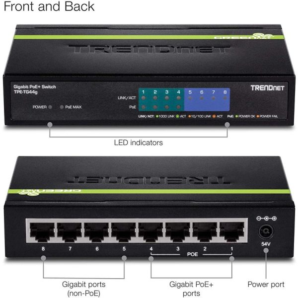 TRENDnet 8-Port Gigabit GREENnet PoE+ Switch, 4 x Gigabit PoE-PoE+ Ports, 4 x Gigabit Ports, 61W Power Budget, 16 Gbps Switch Capacity, Ethernet Unmanaged Switch, Lifetime Protection, Black, TPE-TG44G - Image 7