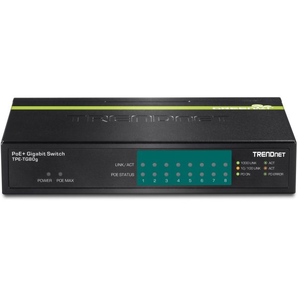 TRENDnet 8-Port Gigabit PoE+ Switch, 8 x Gigabit PoE+ Ports, 123W PoE Power Budget, 16 Gbps Switching Capacity, Desktop Switch, Ethernet Network Switch, Metal, Lifetime Protection, Black, TPE-TG80G - Image 2
