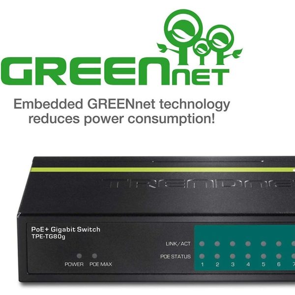 TRENDnet 8-Port Gigabit PoE+ Switch, 8 x Gigabit PoE+ Ports, 123W PoE Power Budget, 16 Gbps Switching Capacity, Desktop Switch, Ethernet Network Switch, Metal, Lifetime Protection, Black, TPE-TG80G - Image 5