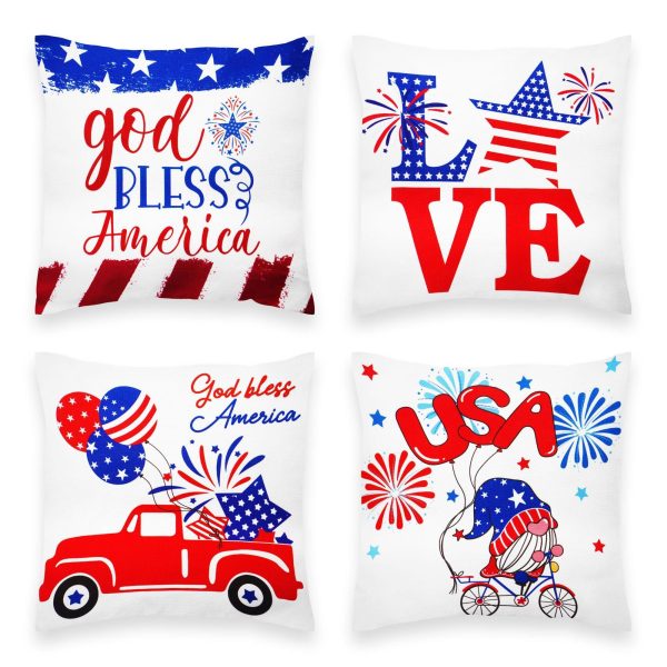 G128 Patriotic Decoration Gnome & Fireworks Waterproof Throw Pillow Covers | 18 x 18 In | Set of 4, Beautiful Cushion Covers for Independence Memorial Day Sofa Couch Decoration