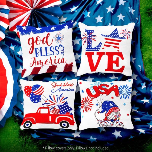 G128 Patriotic Decoration Gnome & Fireworks Waterproof Throw Pillow Covers | 18 x 18 In | Set of 4, Beautiful Cushion Covers for Independence Memorial Day Sofa Couch Decoration - Image 2